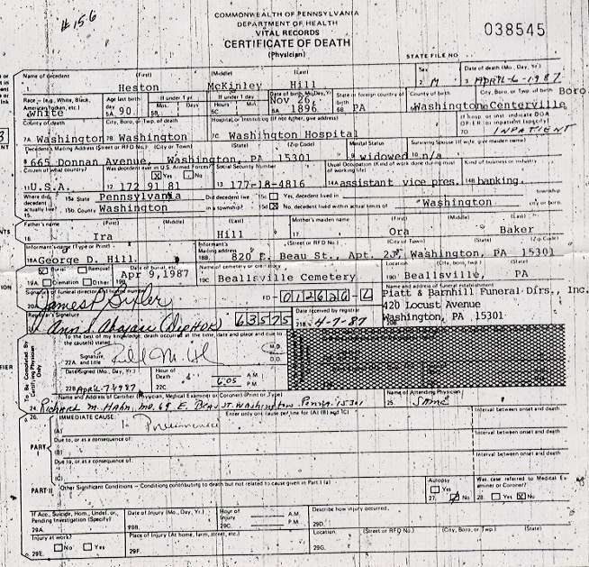 Heston McKinley Hill death certificate